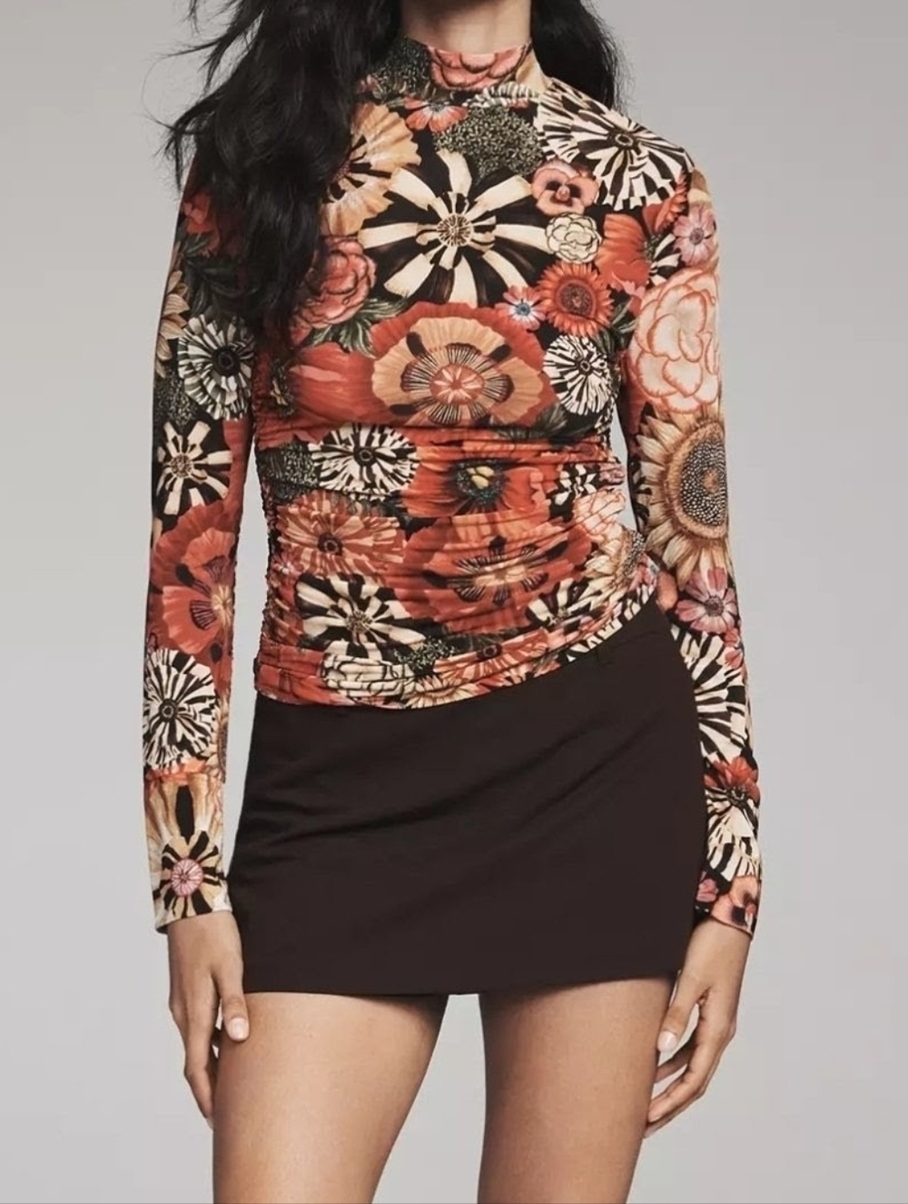 Farm Rio Flowershop Jersey Mock-Neck Long-Sleeve Top, Flowershop Mini Black XXS
